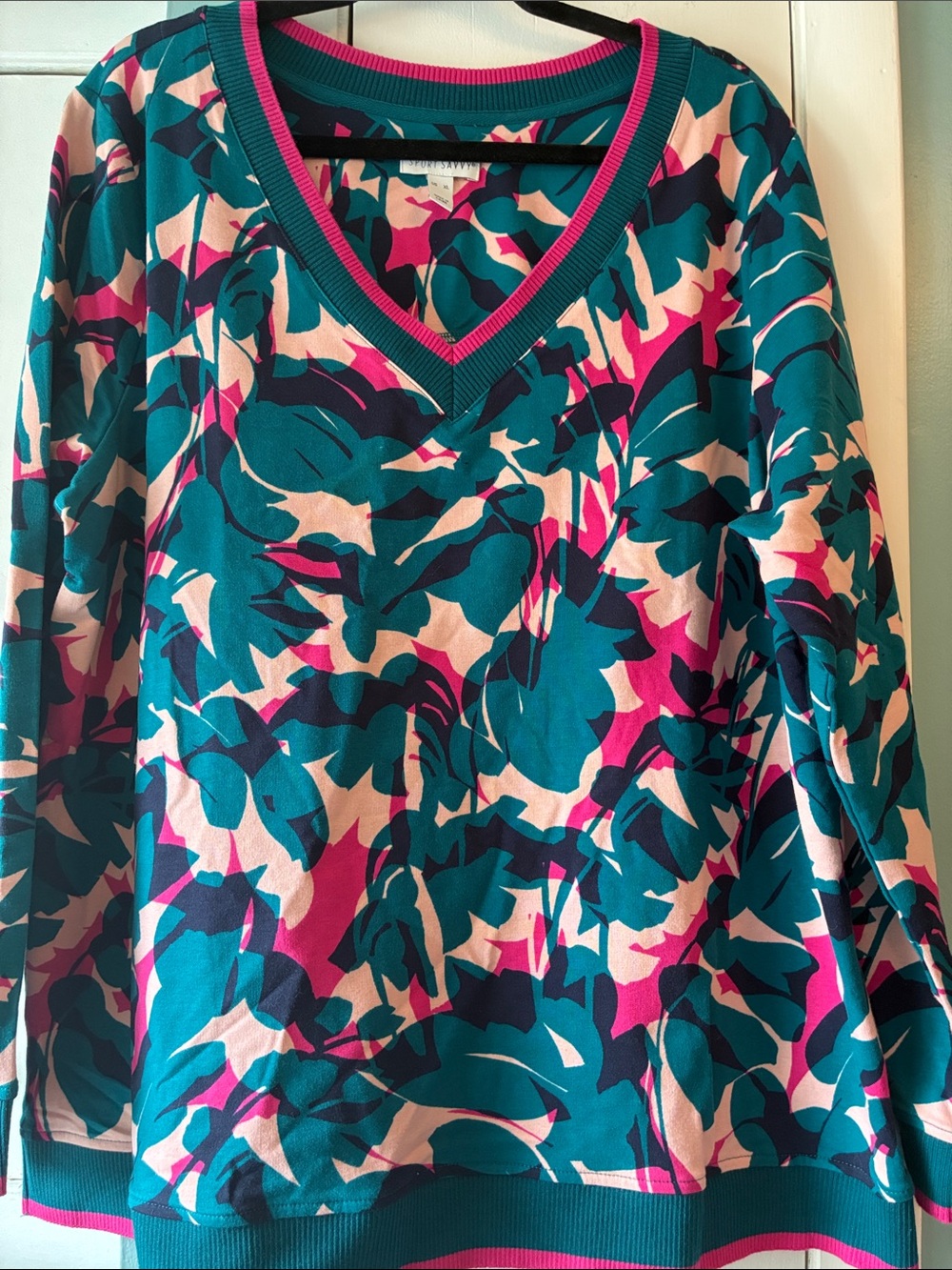 Women's Floral V-Neck Sweatshirt in Teal, Pink & Cream